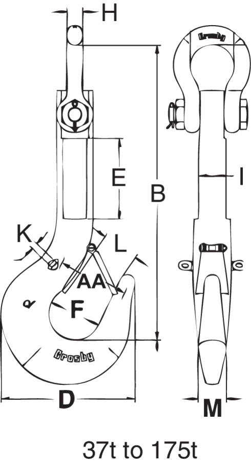 Crosby L-562A ROV Shank Hook with schackle measurements