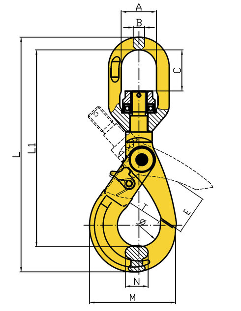 Grade 80 Self-locking hook with ball bearing swivel blueprint